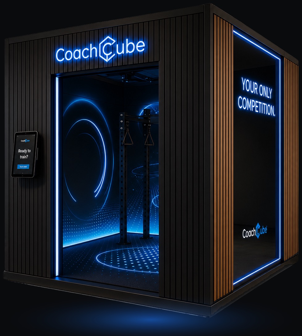 The CoachCube training pod, lit from inside